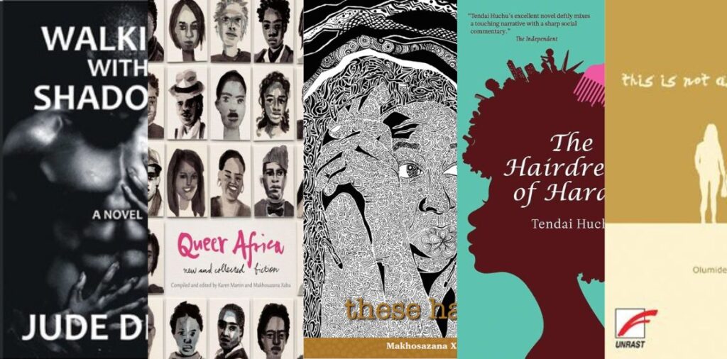 Collage of five book covers: Walking with Shadows, Queer Africa, These Hands, The Hairdresser of Harare, this is  not about sadness