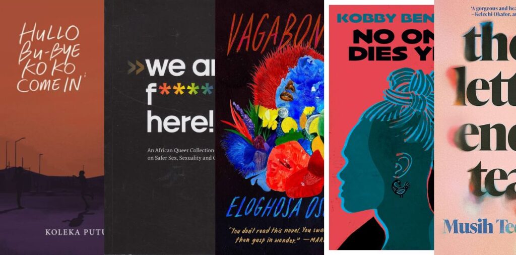 Book collage for five book covers: Hullo Bu-Bye Ko Ko Come In, we are f****g here!, Vagabonds!, No One Dies Yet, these letters end in tears.